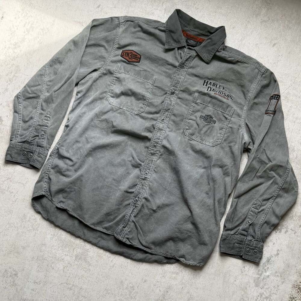 Harley-Davidson Long Sleeve Shirt Size 2XL Gray Embroidered Patches